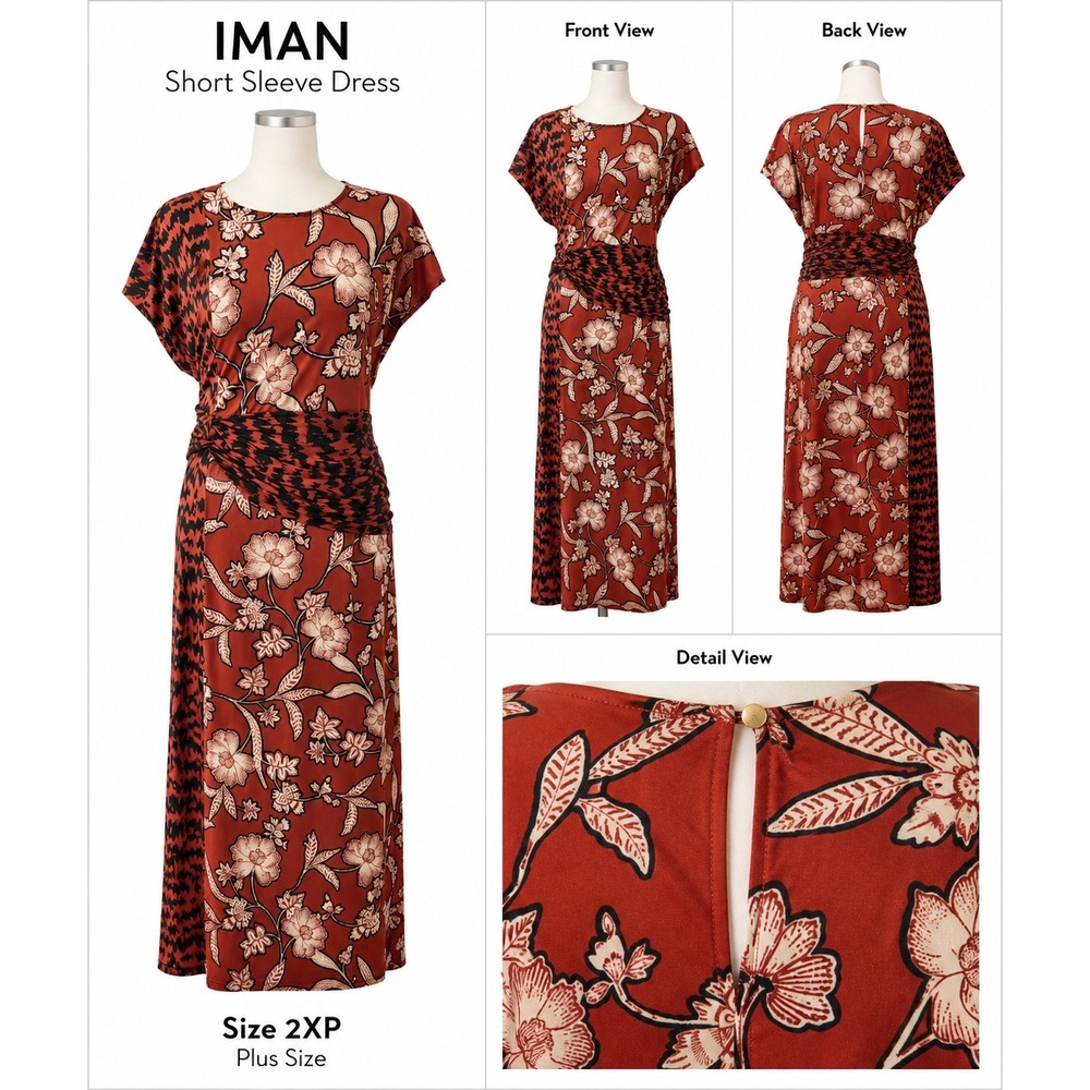 IMAN Global Chic Womens 2XP Petite Cap Sleeve Draped Floral Midi Dress Copper